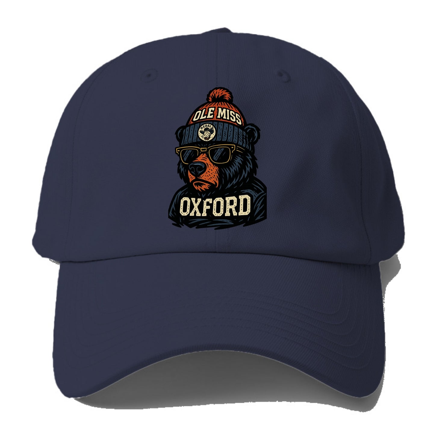 Oxford Black Bear wearing Ole Miss beanie with rebel patch - Baseball Cap - Twilight Navy(Blue)