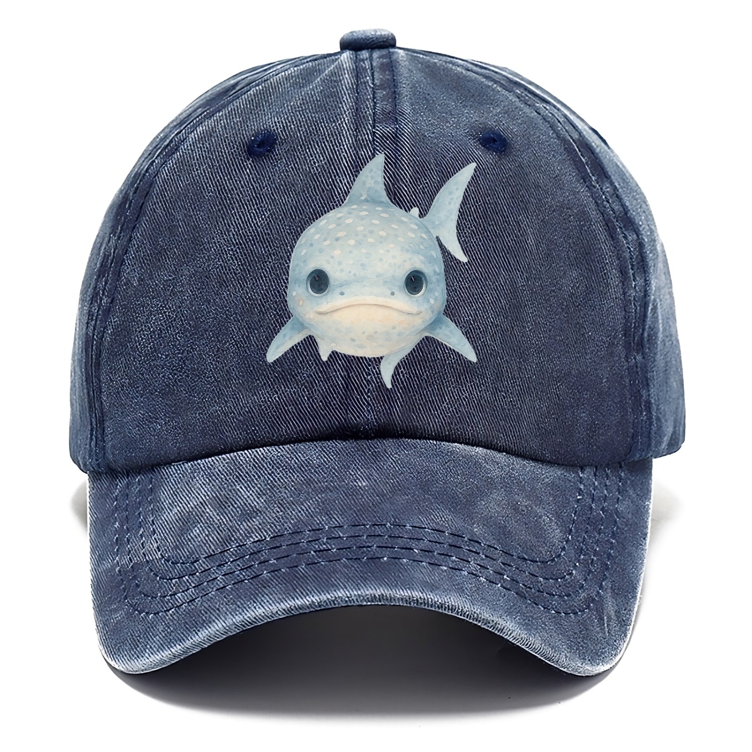 Baby Whale Shark - spotted blue-gray, wide mouth closed, tiny eyes, front-facing, - Classic Cap - Twilight Navy(Blue)