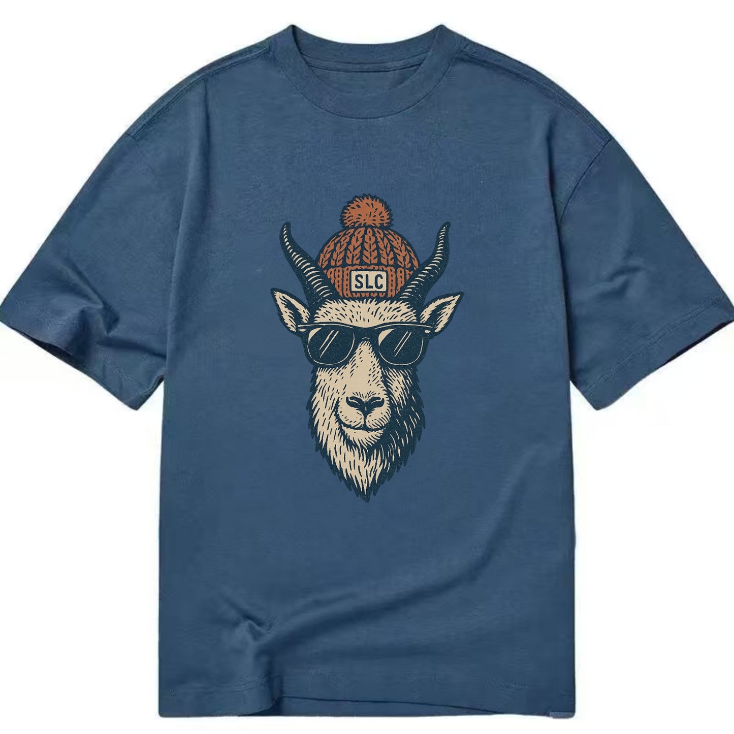 Salt Lake City Mountain Goat wearing SLC beanie with pom pom and wayfarer - Classic T-shirt - Twilight Navy(Blue)