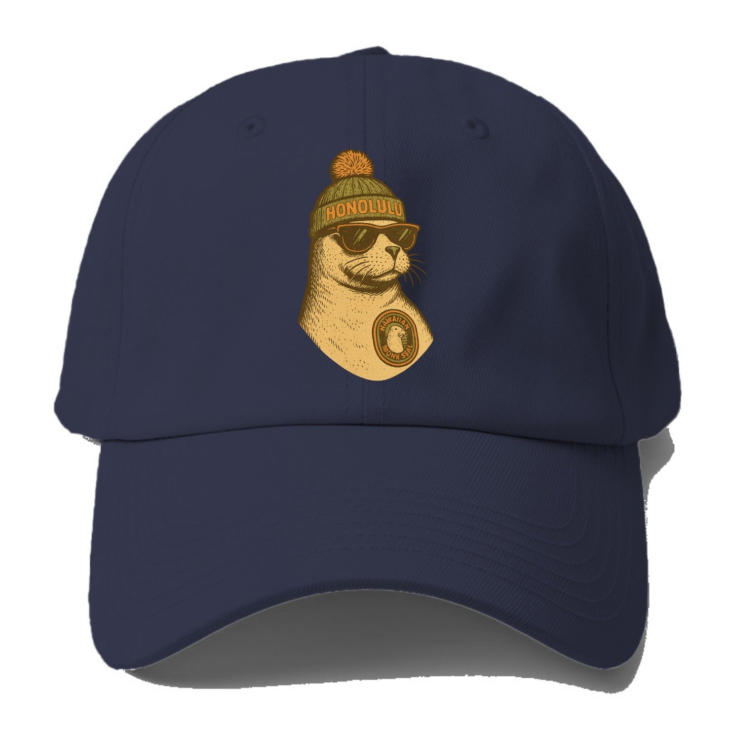 Hawaii Monk Seal wearing Honolulu beanie with pom pom and wayfarer - Baseball Cap For Big Heads - Twilight Navy(Blue)
