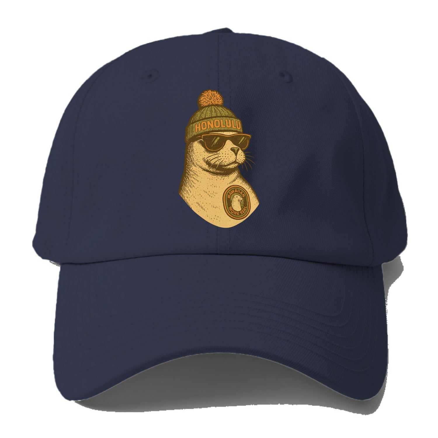 Hawaii Monk Seal wearing Honolulu beanie with pom pom and wayfarer - Baseball Cap For Big Heads - Twilight Navy(Blue)