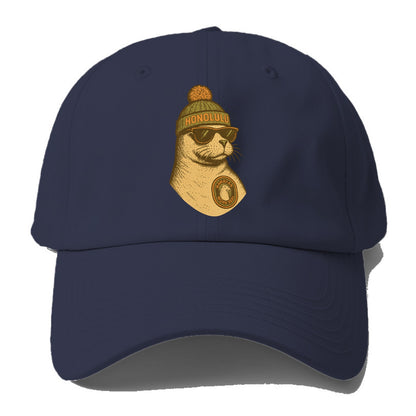 Hawaii Monk Seal wearing Honolulu beanie with pom pom and wayfarer - Baseball Cap For Big Heads - Twilight Navy(Blue)