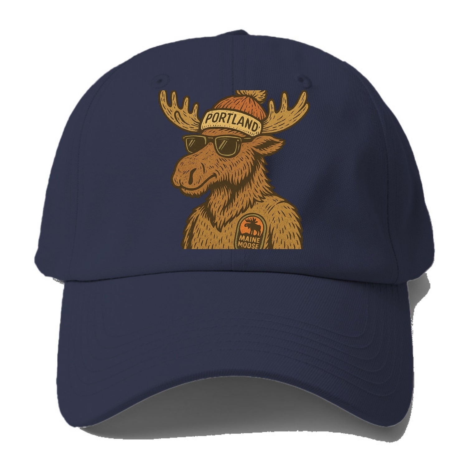 Maine Moose wearing Portland beanie with pom pom and wayfarer - Baseball Cap For Big Heads - Twilight Navy(Blue)