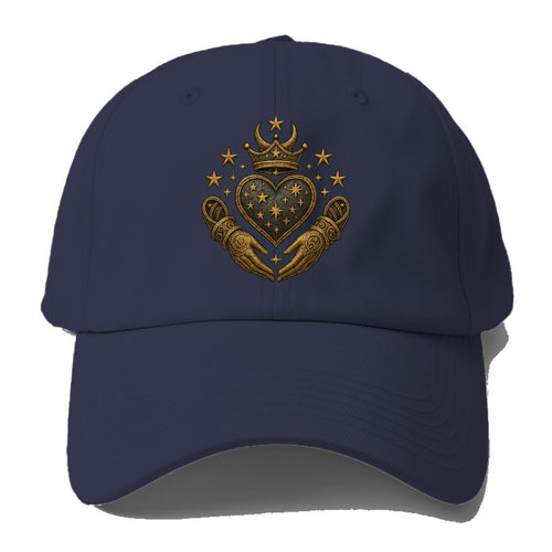 Weathered antique brass crown above a hammered gunmetal heart framed by ivy-woven - Baseball Cap
