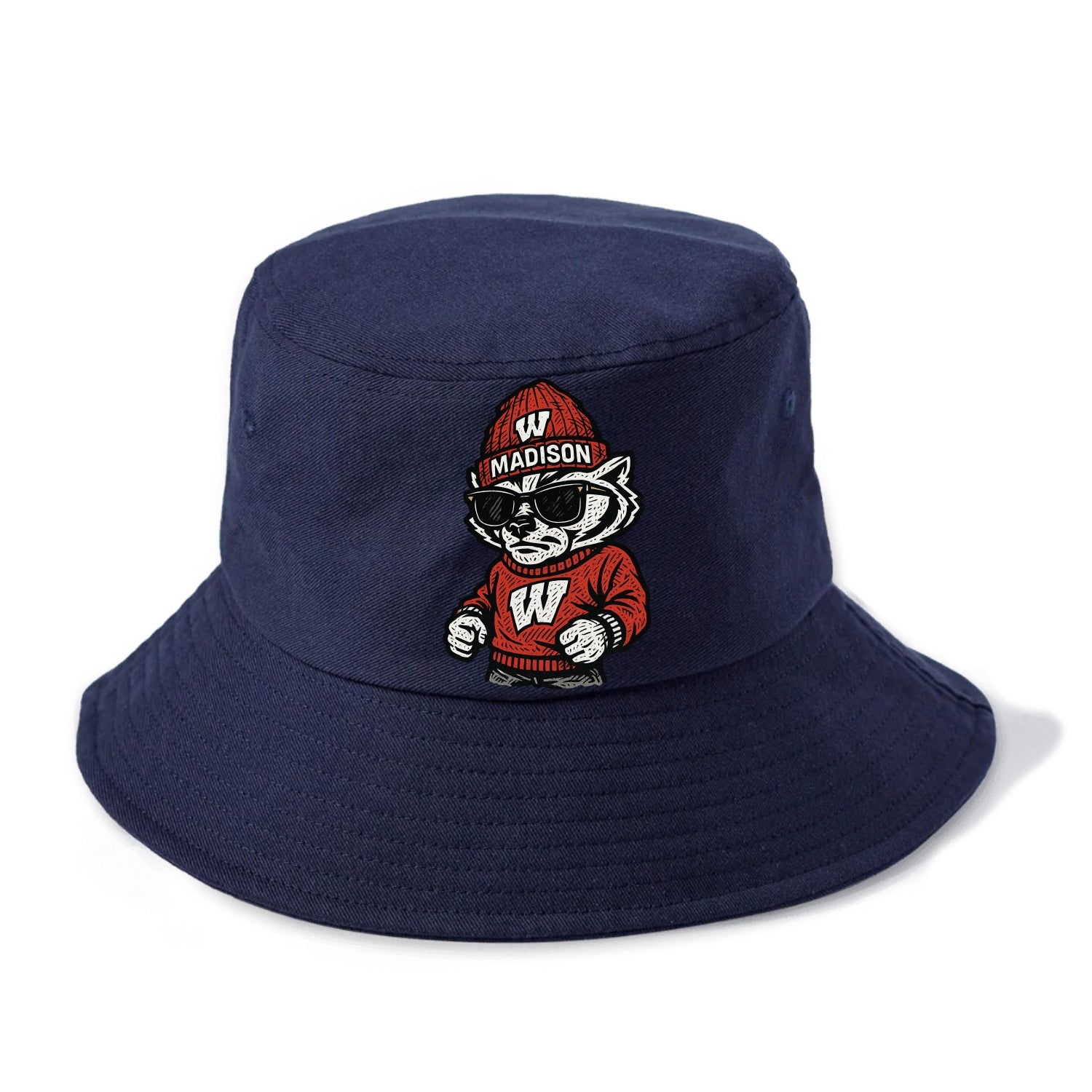 Madison Badger wearing Wisconsin beanie with motion W patch - Bucket Hat - Twilight Navy(Blue)