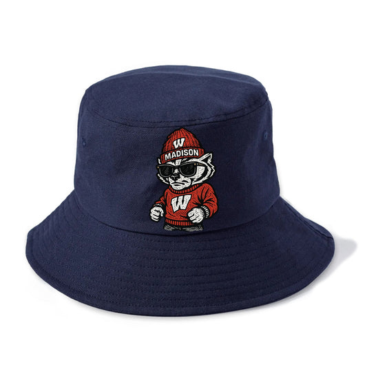Madison Badger wearing Wisconsin beanie with motion W patch - Bucket Hat - Twilight Navy(Blue)