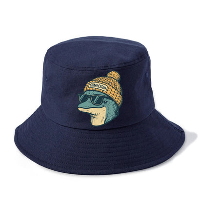 Charleston Dolphin wearing Charleston beanie with pom pom and wayfarer sunglasses - Bucket Hat - Twilight Navy(Blue)