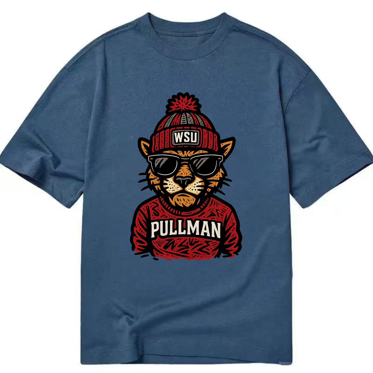 Pullman Cougar wearing Washington State beanie with WSU patch - Classic T-shirt - Twilight Navy(Blue)