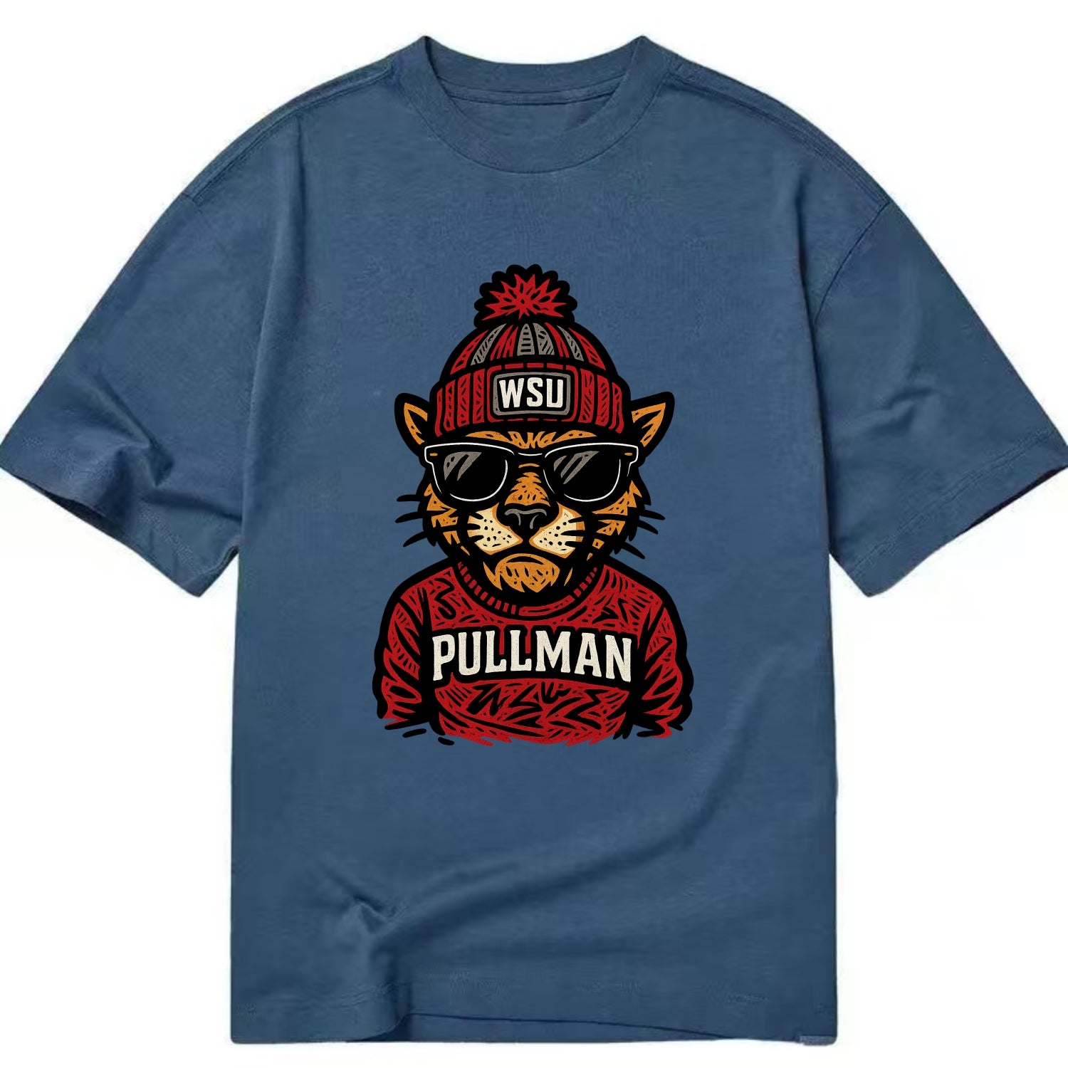 Pullman Cougar wearing Washington State beanie with WSU patch - Classic T-shirt - Twilight Navy(Blue)