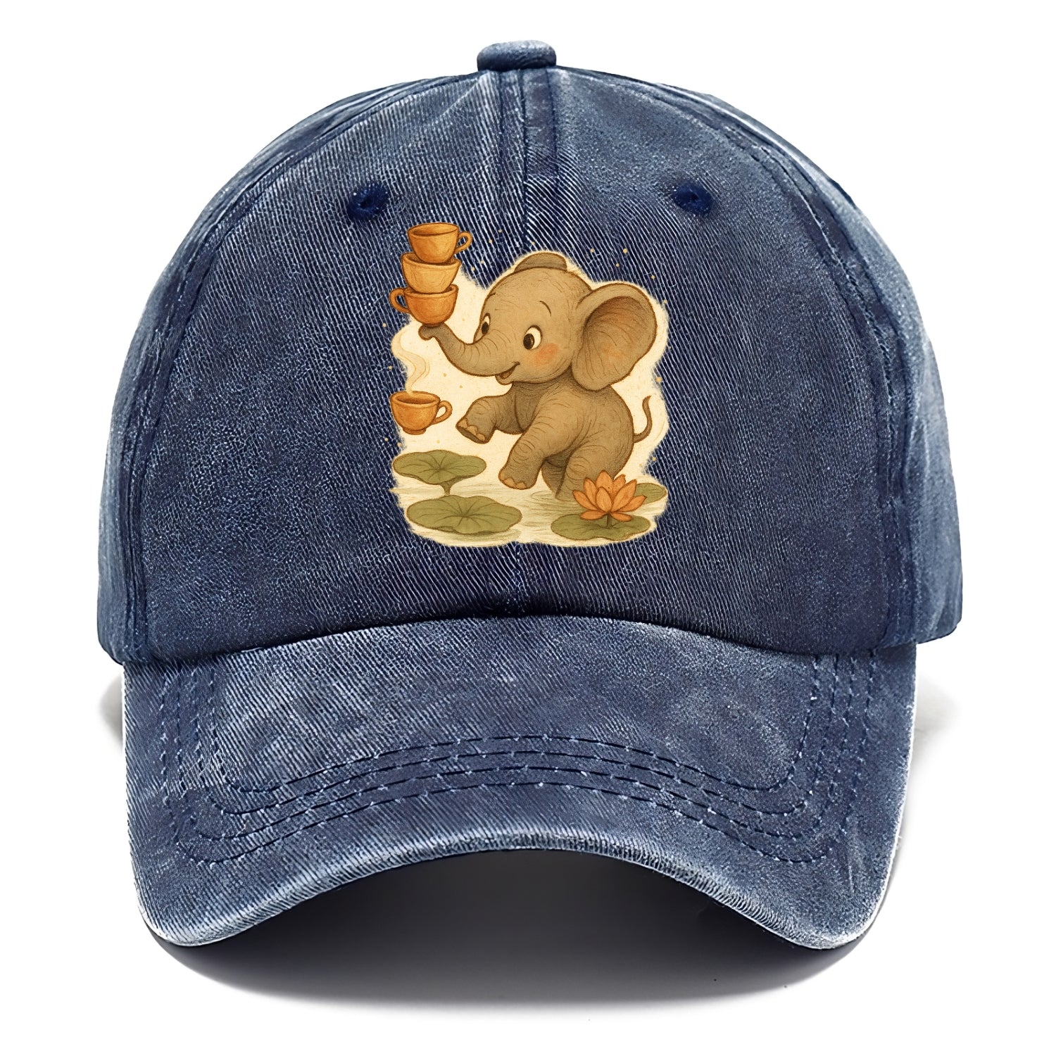 Elephant balancing teacups during a floating tea ceremony beside lotus ponds - Classic Cap - Twilight Navy(Blue)