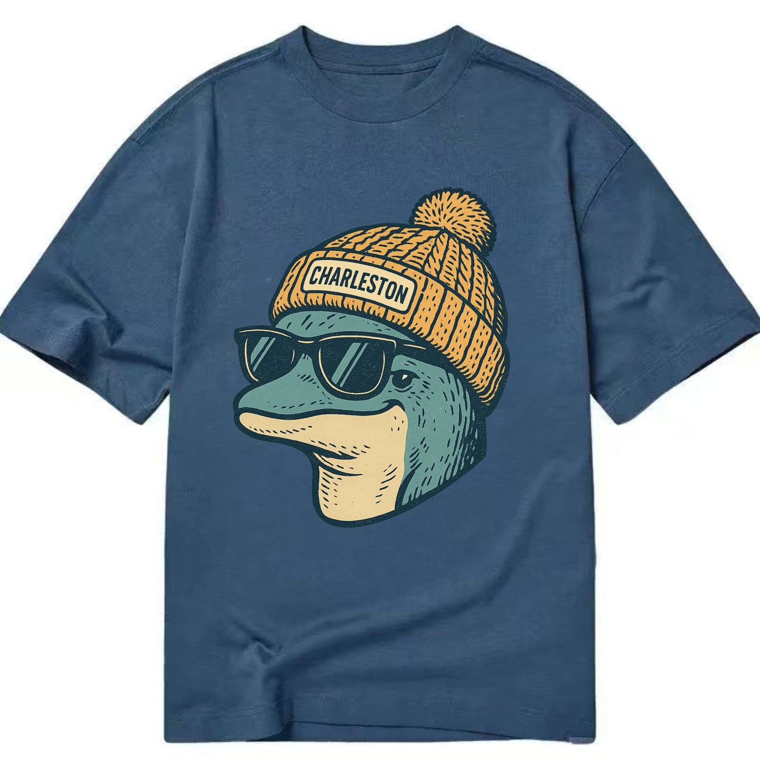 Charleston Dolphin wearing Charleston beanie with pom pom and wayfarer sunglasses - Classic T-shirt - Twilight Navy(Blue)
