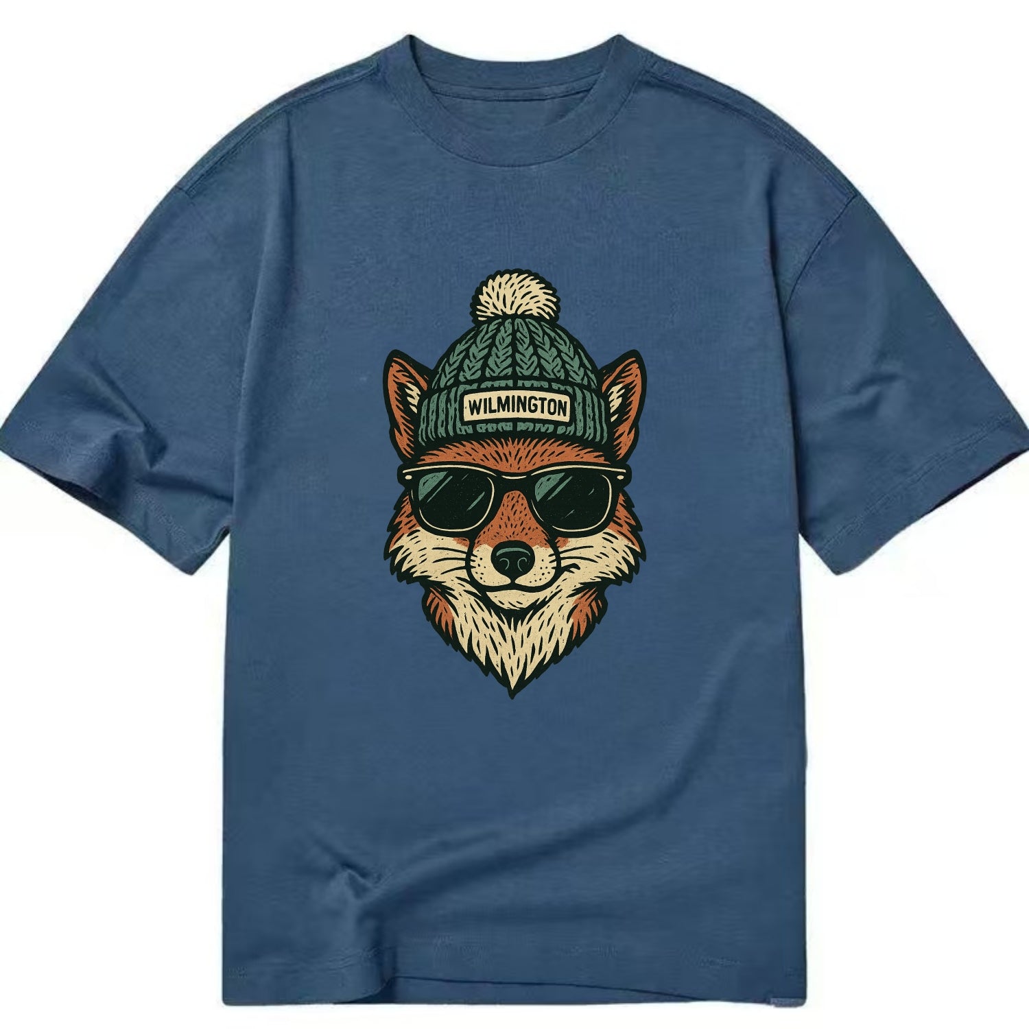 Delaware Gray Fox wearing Wilmington beanie with pom pom and wayfarer sunglasses - Classic T-shirt - Twilight Navy(Blue)