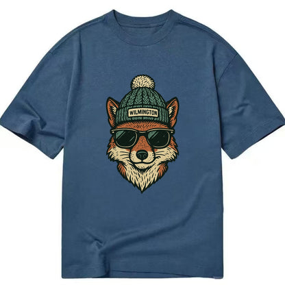 Delaware Gray Fox wearing Wilmington beanie with pom pom and wayfarer sunglasses - Classic T-shirt - Twilight Navy(Blue)