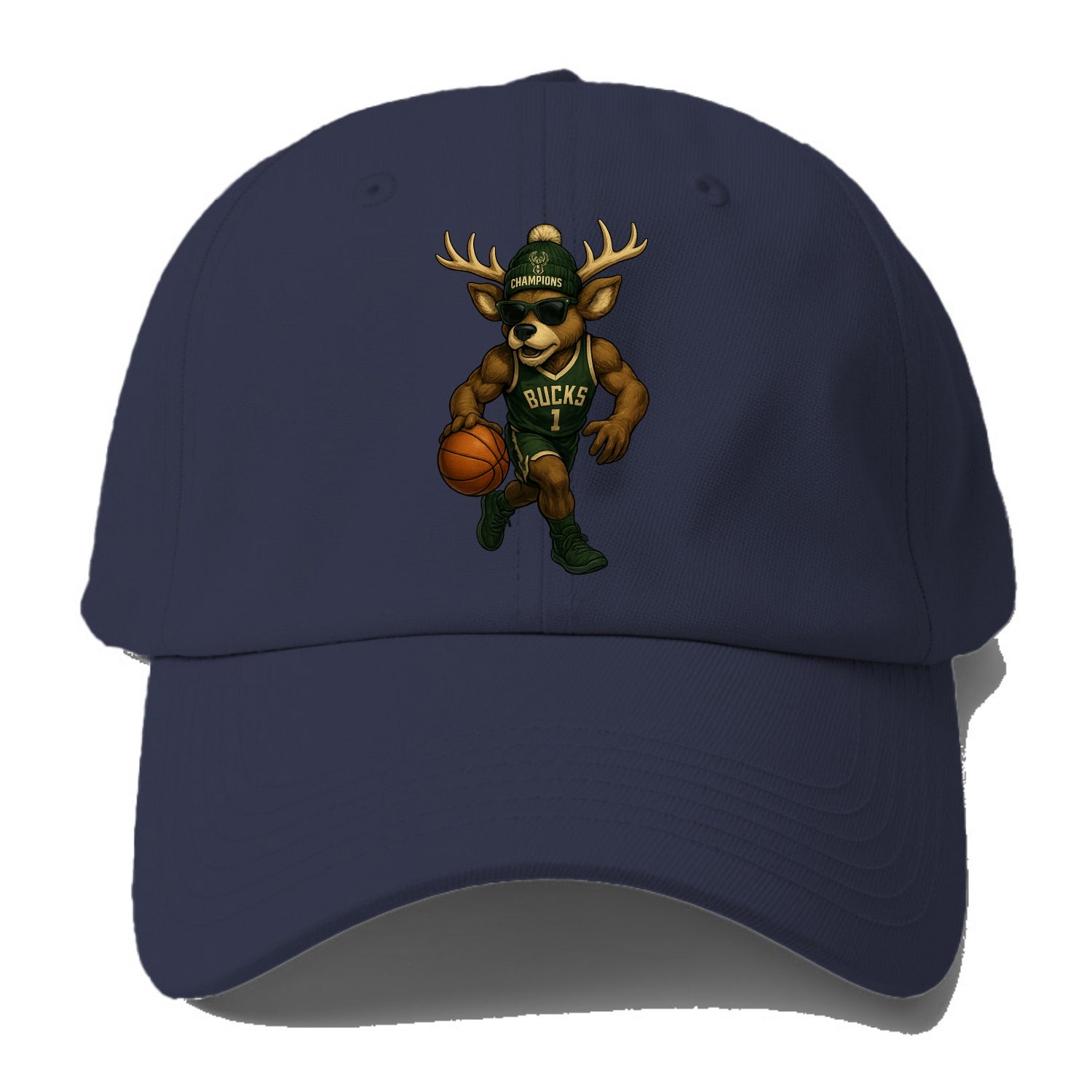 Milwaukee Buck Deer wearing Bucks green and cream beanie with antlers - Baseball Cap For Big Heads - Twilight Navy(Blue)