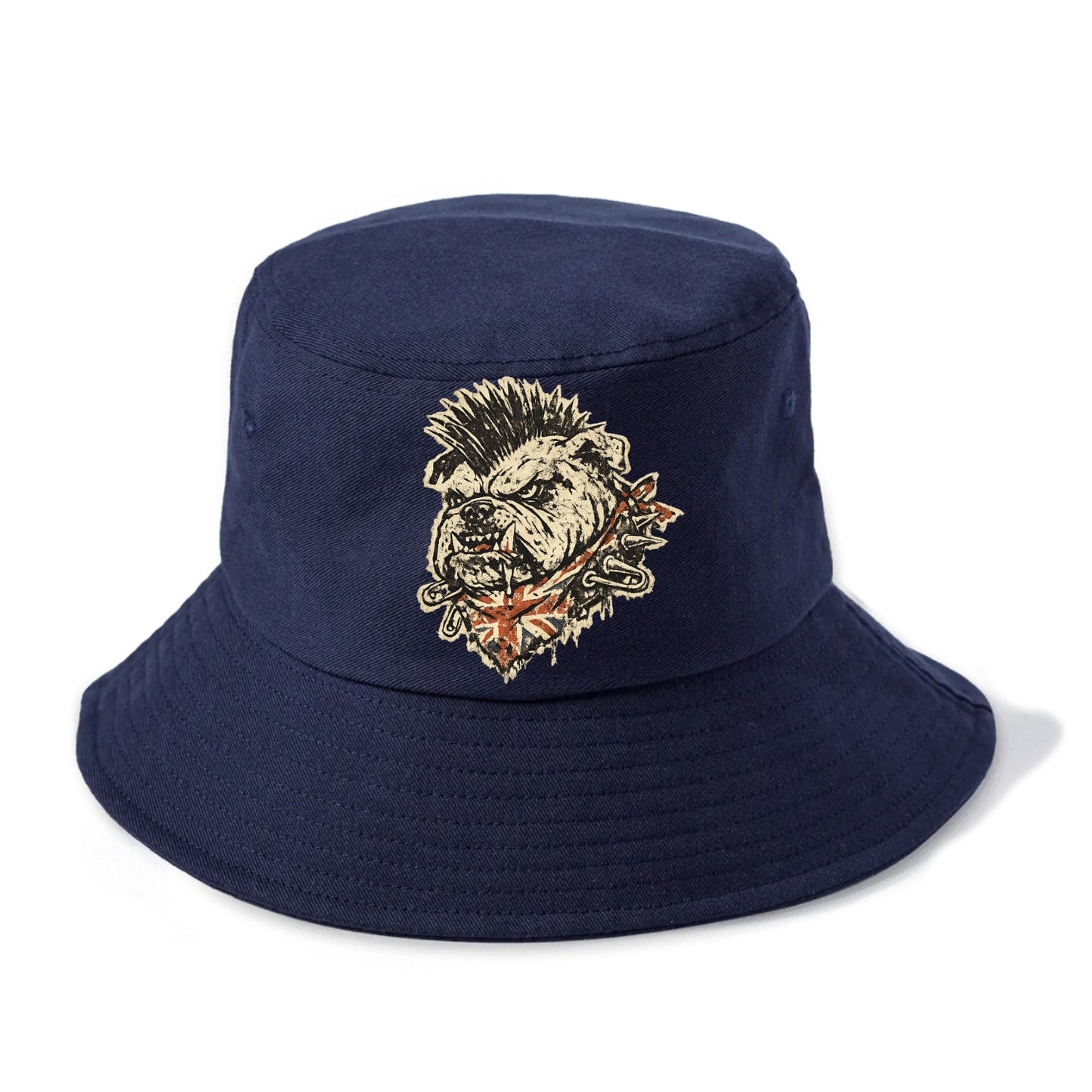 PUNK BULLDOG | British bulldog with mohawk | Safety pins through collar | Union Jack - Bucket Hat - Twilight Navy(Blue)