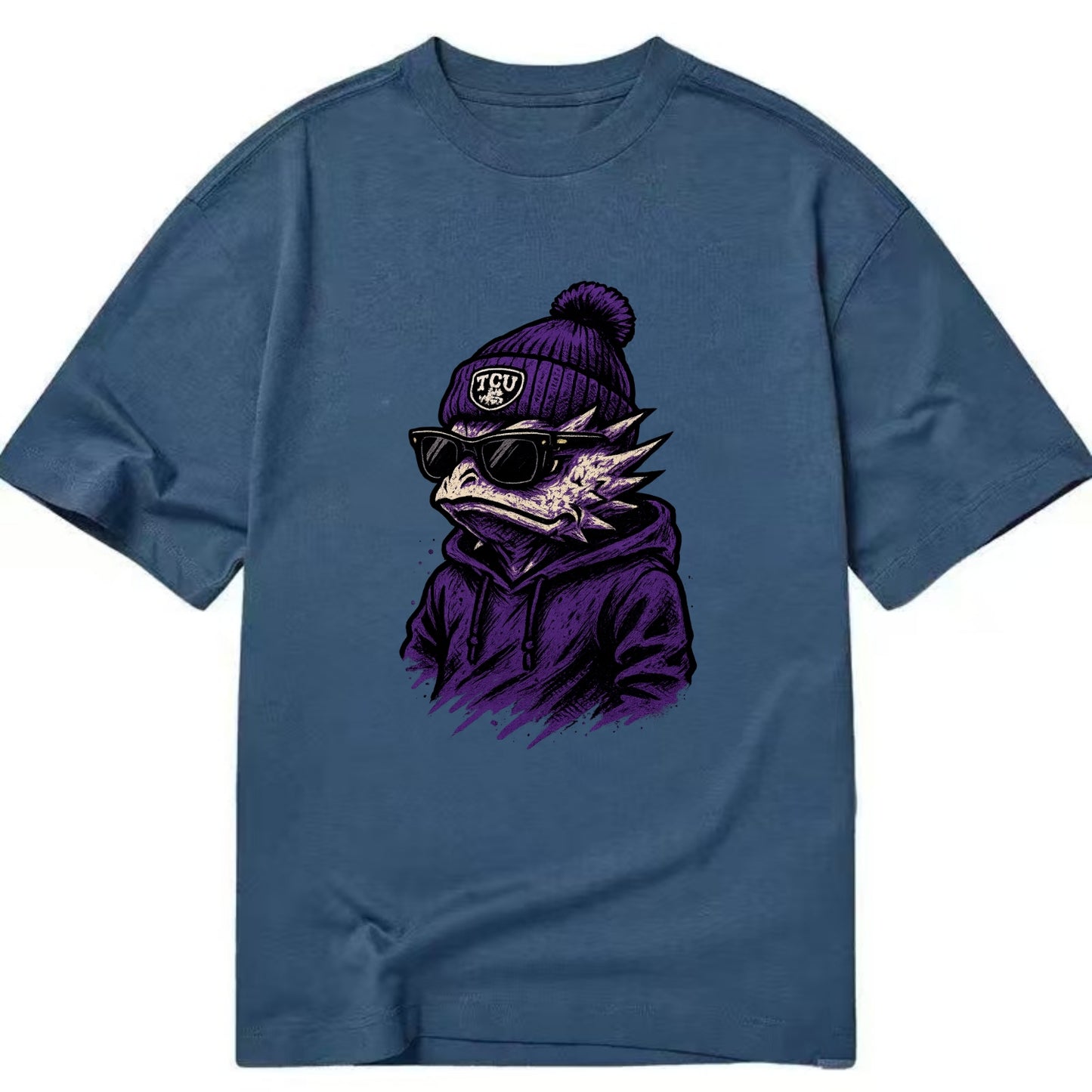 Fort Worth Horned Frog wearing TCU beanie with frog patch - Classic T-shirt - Twilight Navy(Blue)