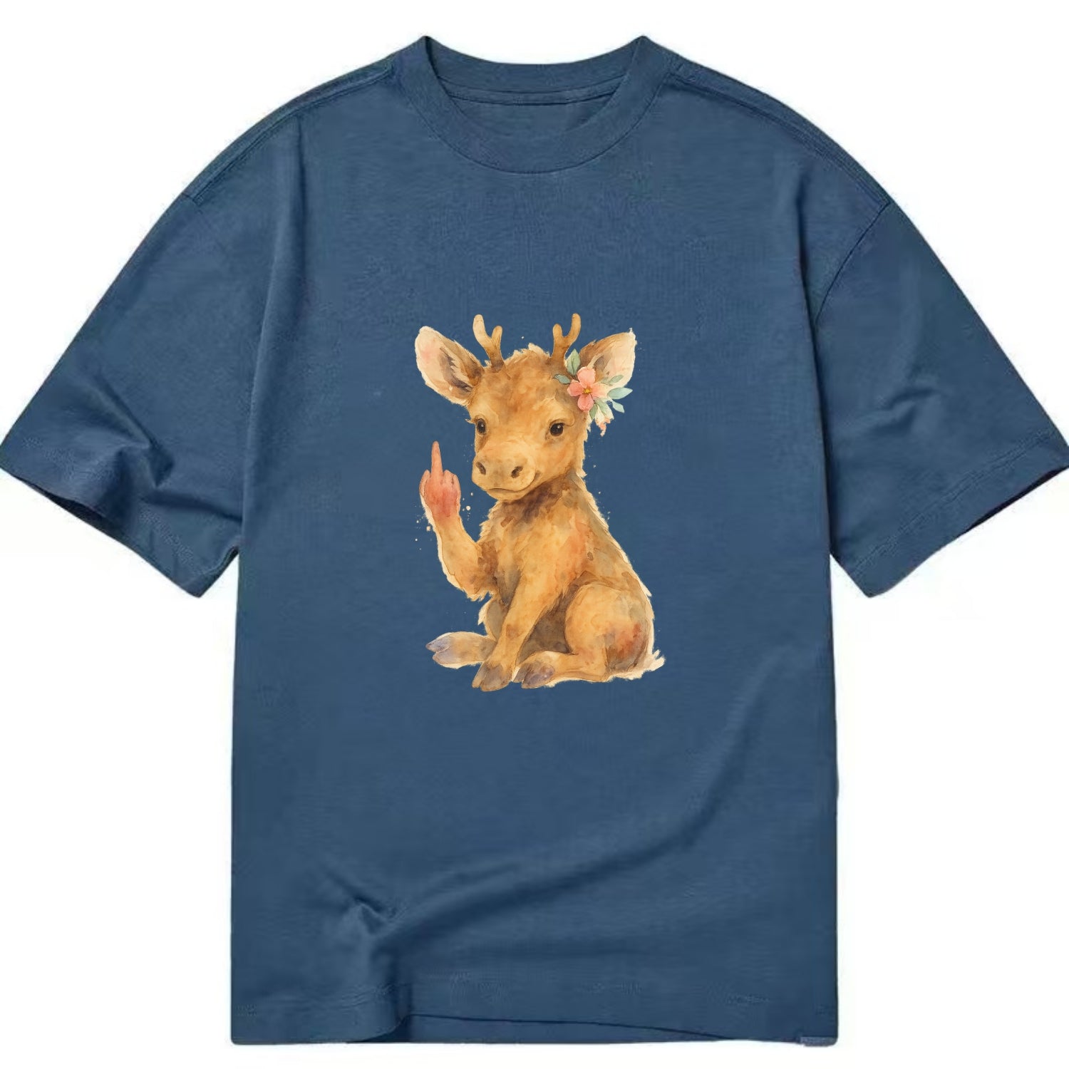baby moose with adorable tiny antlers, one hoof raised in attitude - Classic T-shirt - Twilight Navy(Blue)
