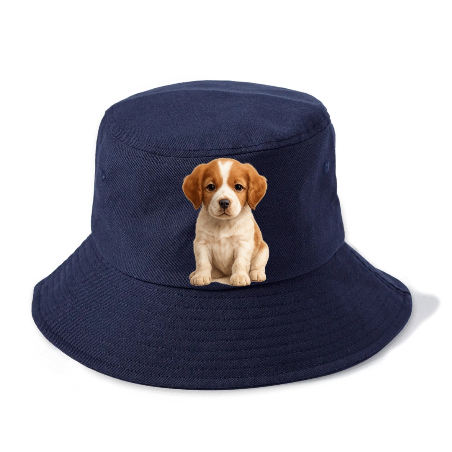 Baby Brittany Puppy - orange and white, compact, bright eyes, feathered, front-facing, - Bucket Hat - Twilight Navy(Blue)