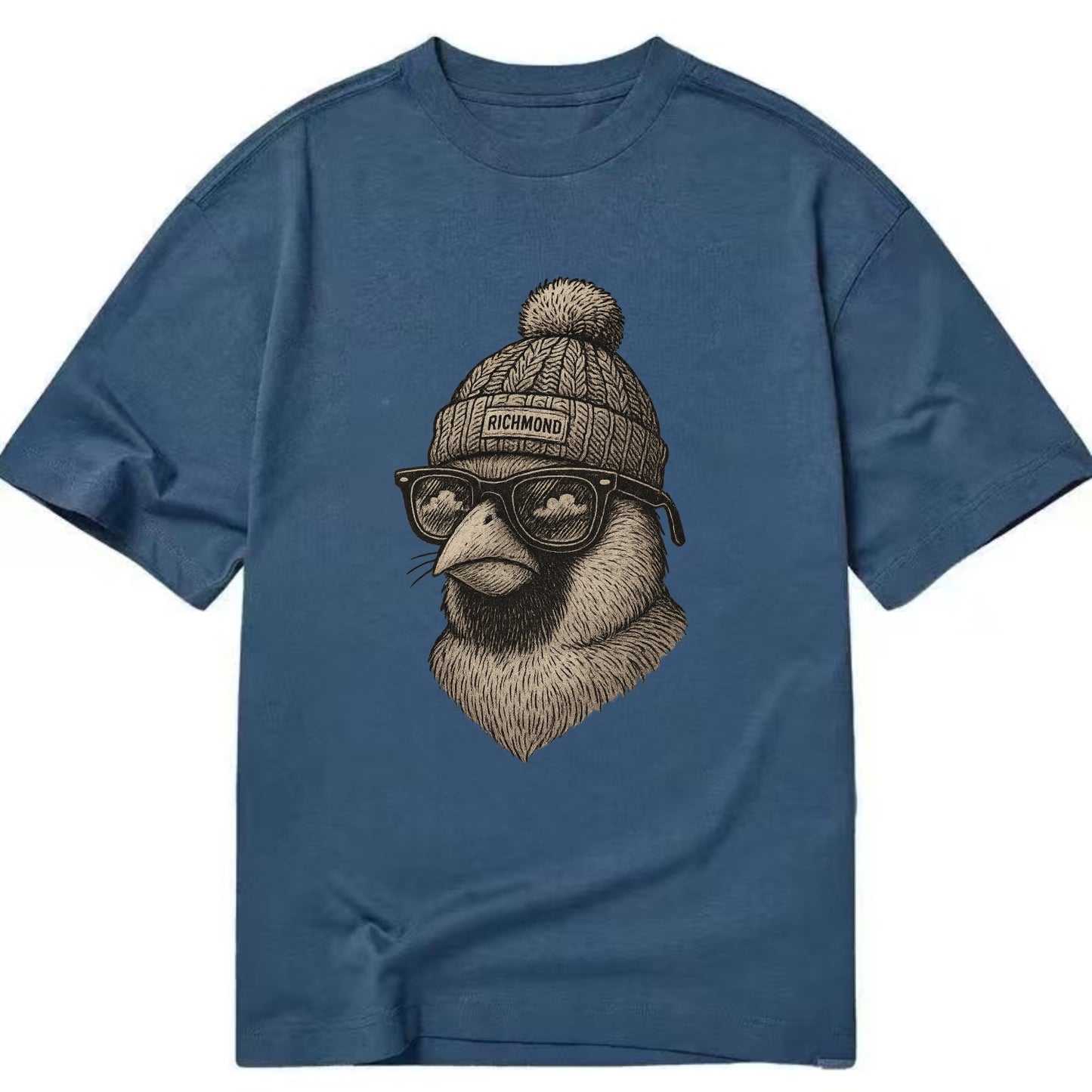 Virginia Cardinal wearing Richmond beanie with pom pom and wayfarer sunglasses - Classic T-shirt - Twilight Navy(Blue)