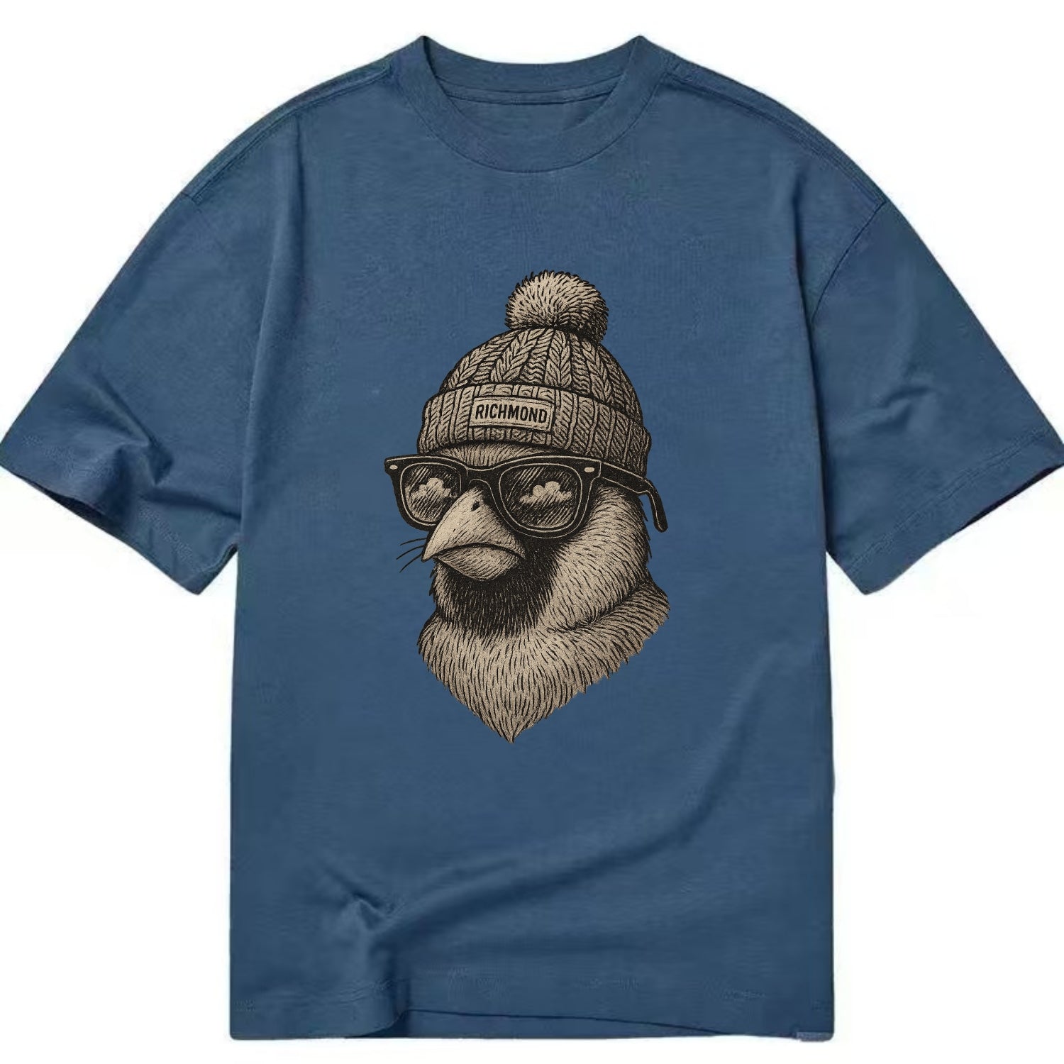 Virginia Cardinal wearing Richmond beanie with pom pom and wayfarer sunglasses - Classic T-shirt - Twilight Navy(Blue)