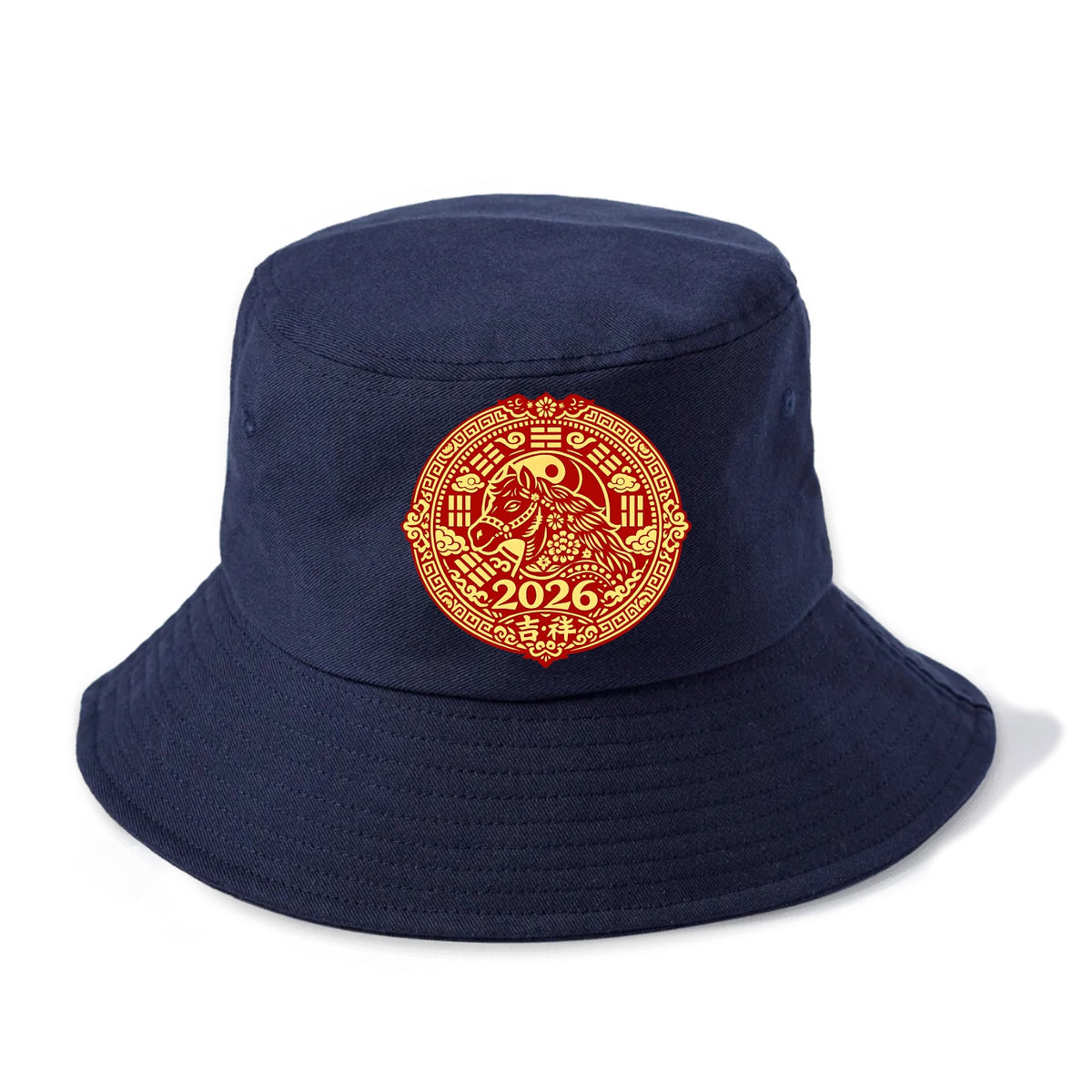 LUCKY HORSE MEDALLION | Circular medallion with horse profile | Intricate Chinese - Bucket Hat - Twilight Navy(Blue)