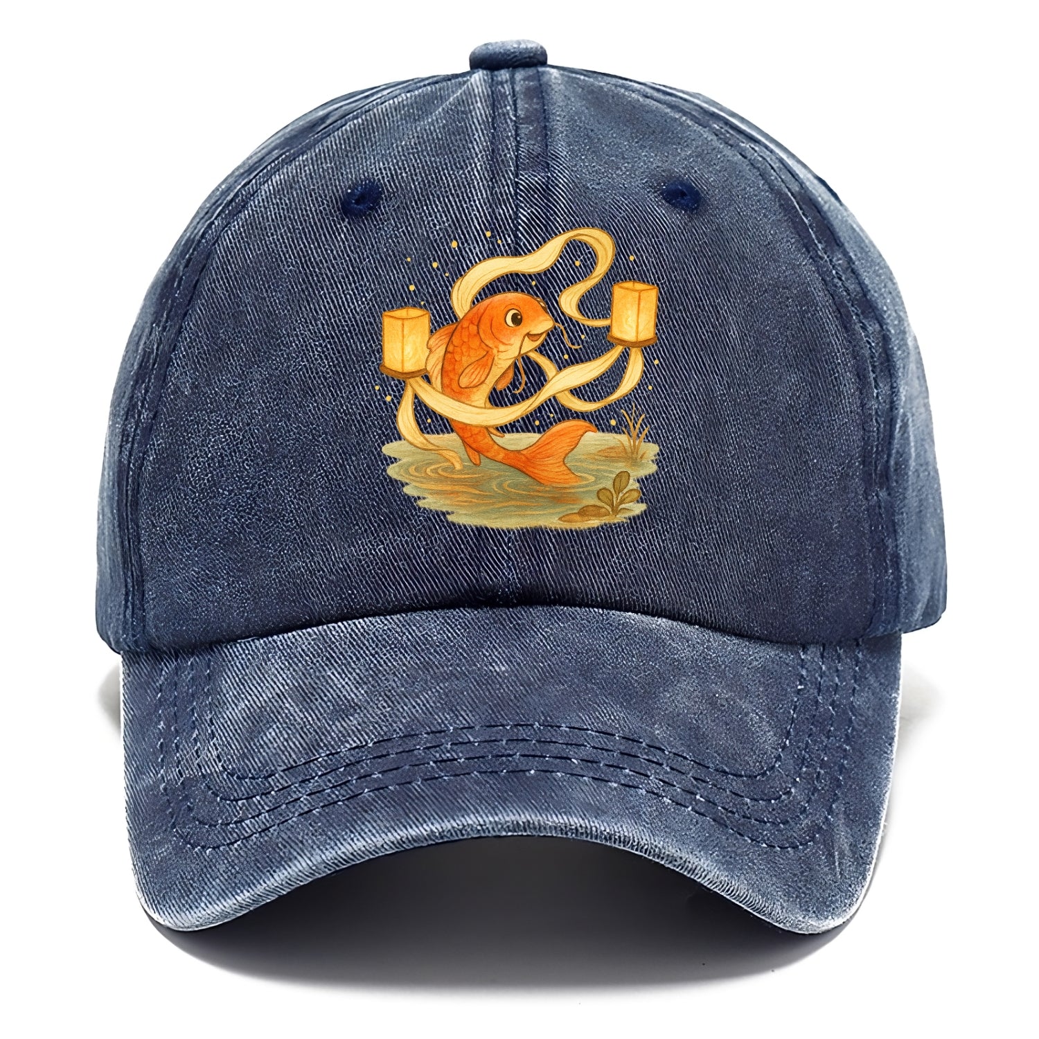 Koi weaving silk streamers through floating lanterns on tranquil water - Classic Cap - Twilight Navy(Blue)