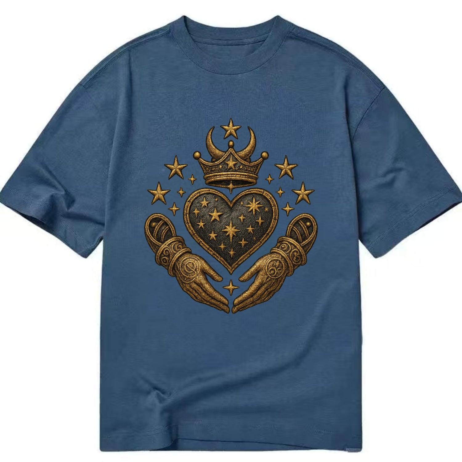 Weathered antique brass crown above a hammered gunmetal heart framed by ivy-woven - Classic T-shirt - Twilight Navy(Blue)