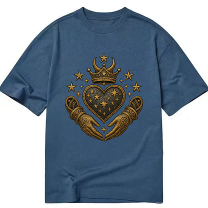 Weathered antique brass crown above a hammered gunmetal heart framed by ivy-woven - Classic T-shirt - Twilight Navy(Blue)