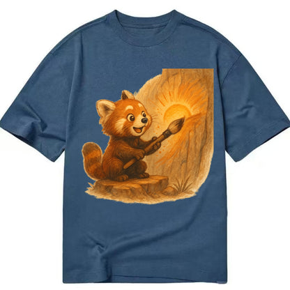 Red panda painting a sunrise mural with an oversized calligraphy brush on a cliff - Classic T-shirt - Twilight Navy(Blue)