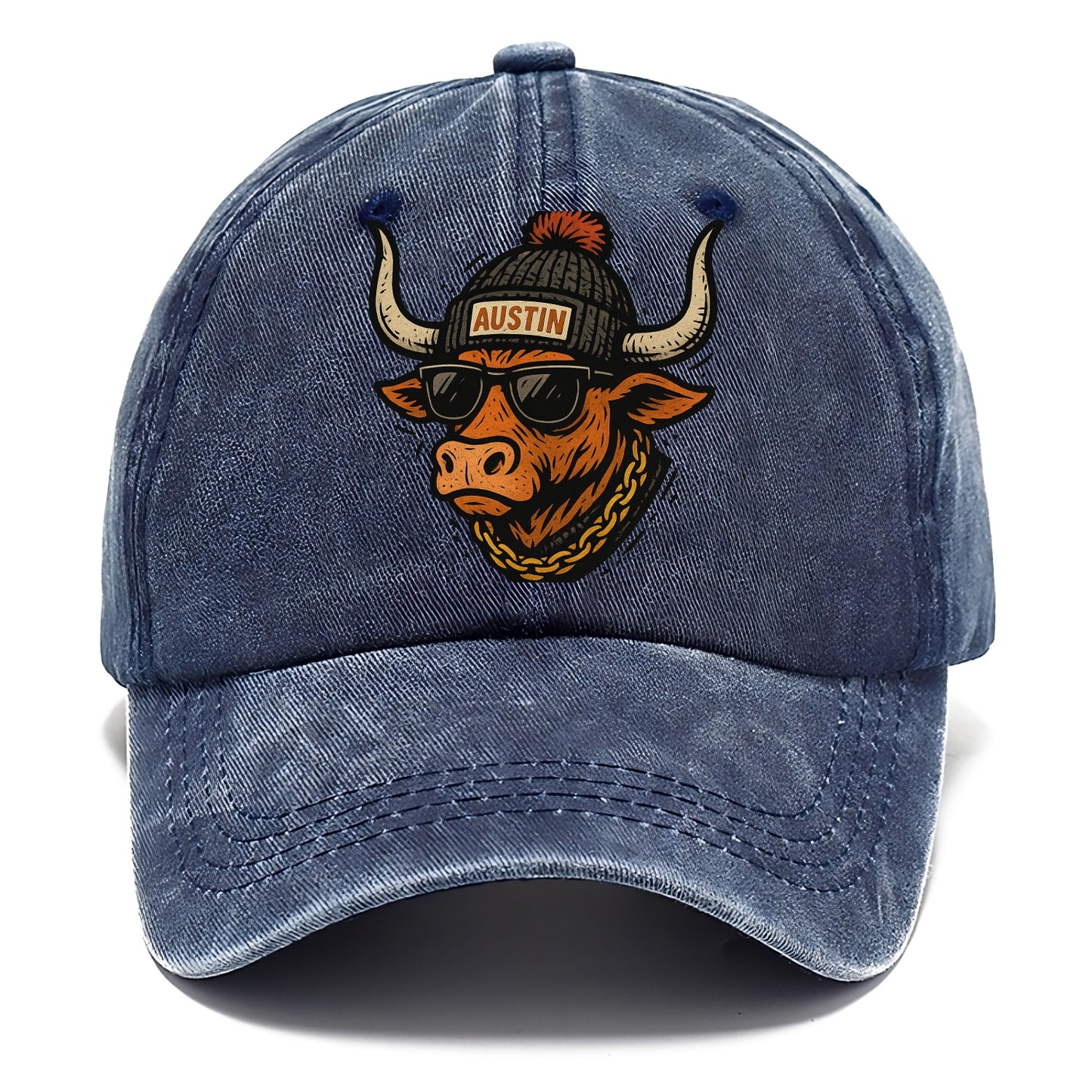 Texas Longhorn wearing Austin beanie with pom pom and wayfarer sunglasses - Classic Cap - Twilight Navy(Blue)
