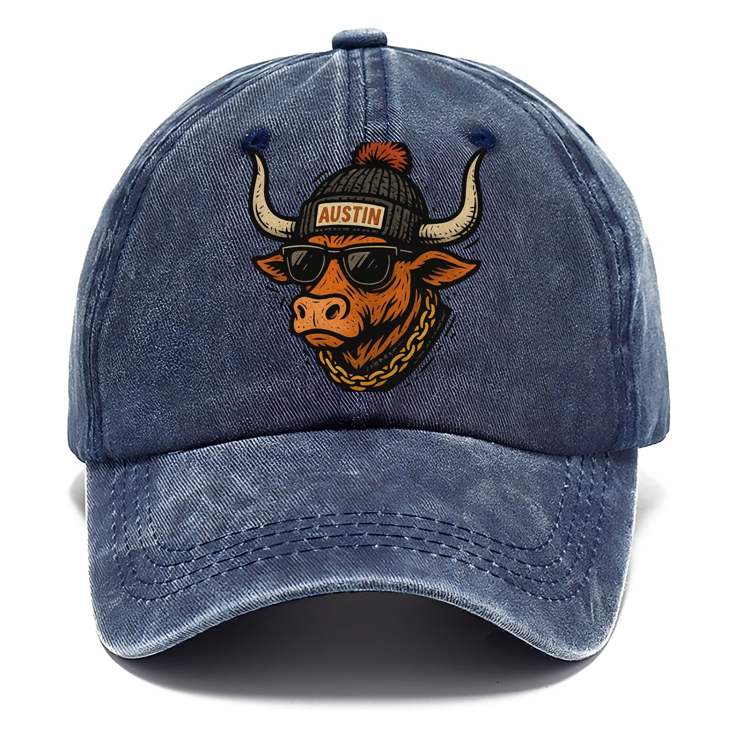 Texas Longhorn wearing Austin beanie with pom pom and wayfarer sunglasses - Classic Cap - Twilight Navy(Blue)