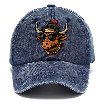 Texas Longhorn wearing Austin beanie with pom pom and wayfarer sunglasses - Classic Cap - Twilight Navy(Blue)