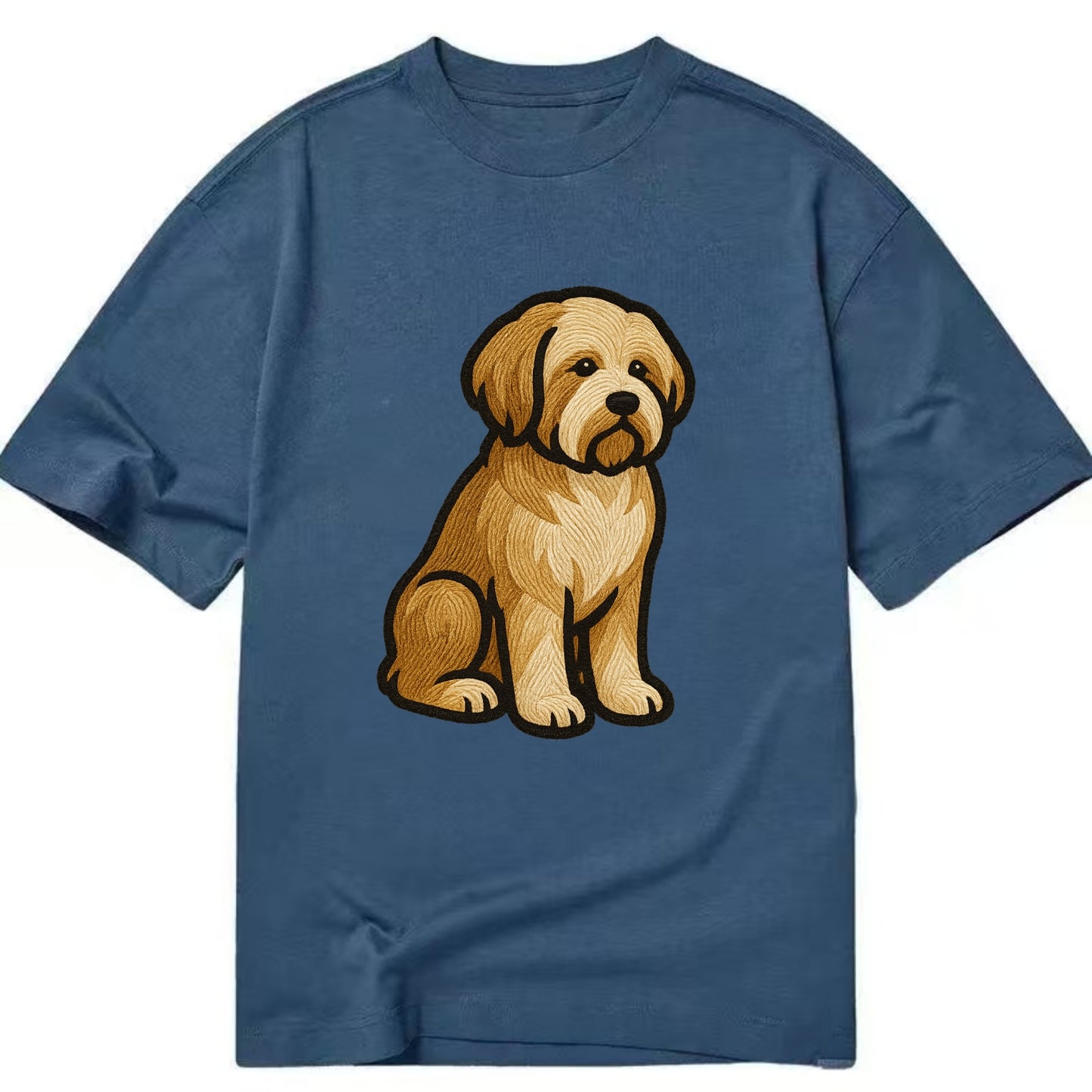 Tibetan Terrier - Gold and white embroidered sitting pose - Classic T-shirt - Twilight Navy(Blue)