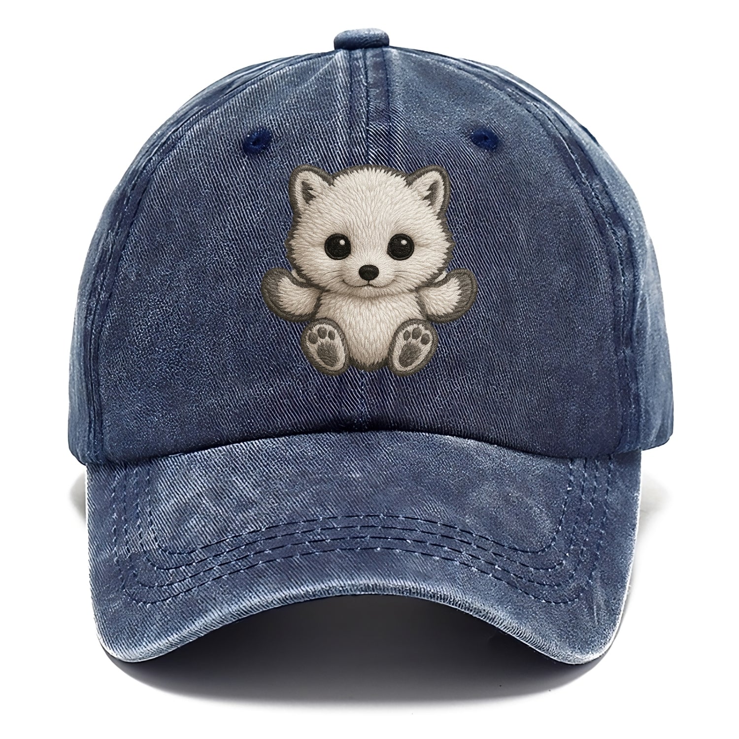Baby Arctic Fox - white fluffy, tiny black nose, bright curious eyes, front-facing, - Classic Cap - Twilight Navy(Blue)