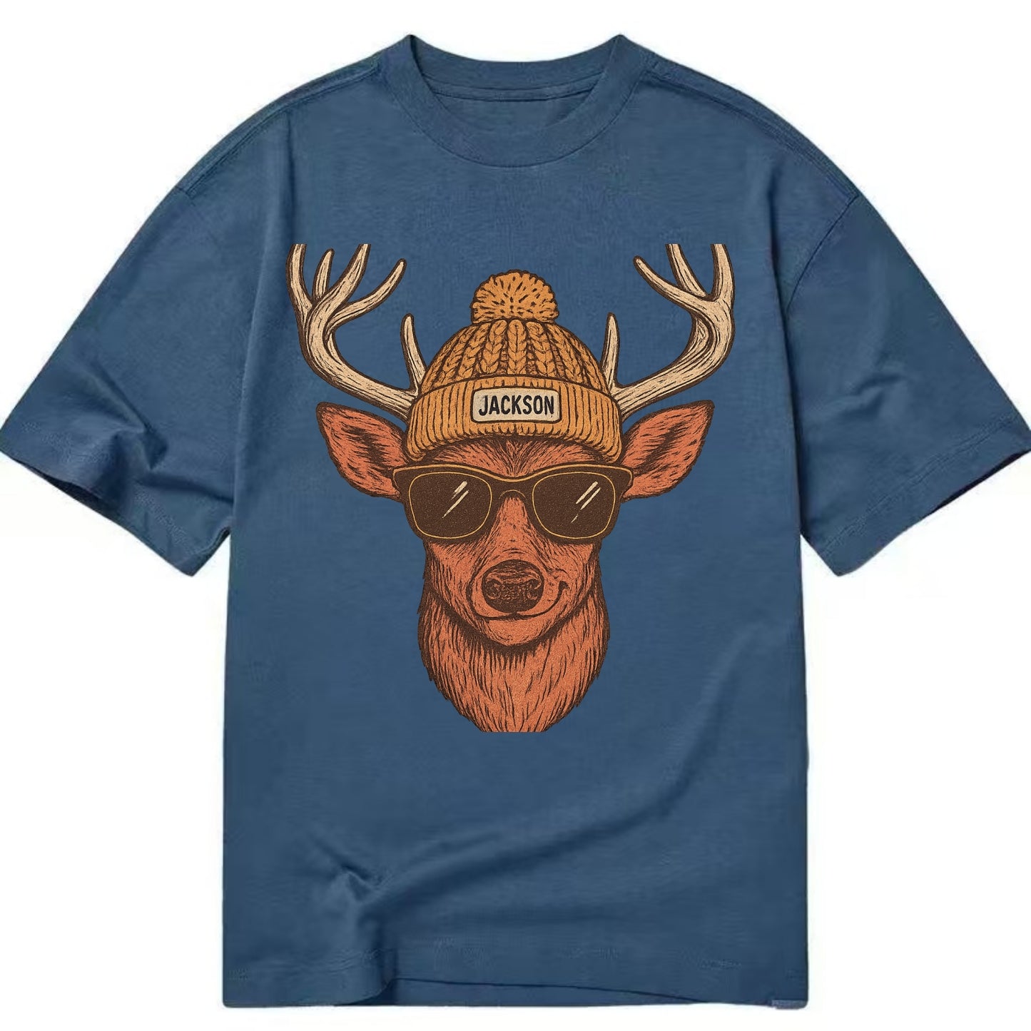 Mississippi White-tailed Deer wearing Jackson beanie with pom pom and wayfarer - Classic T-shirt - Twilight Navy(Blue)