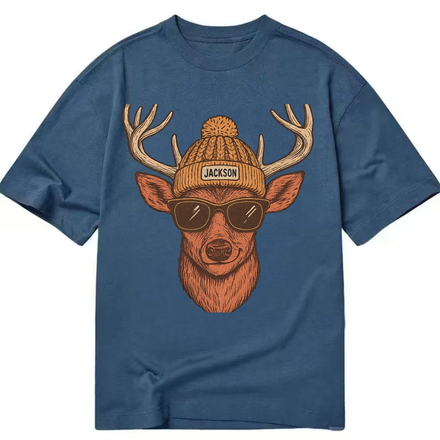 Mississippi White-tailed Deer wearing Jackson beanie with pom pom and wayfarer - Classic T-shirt - Twilight Navy(Blue)