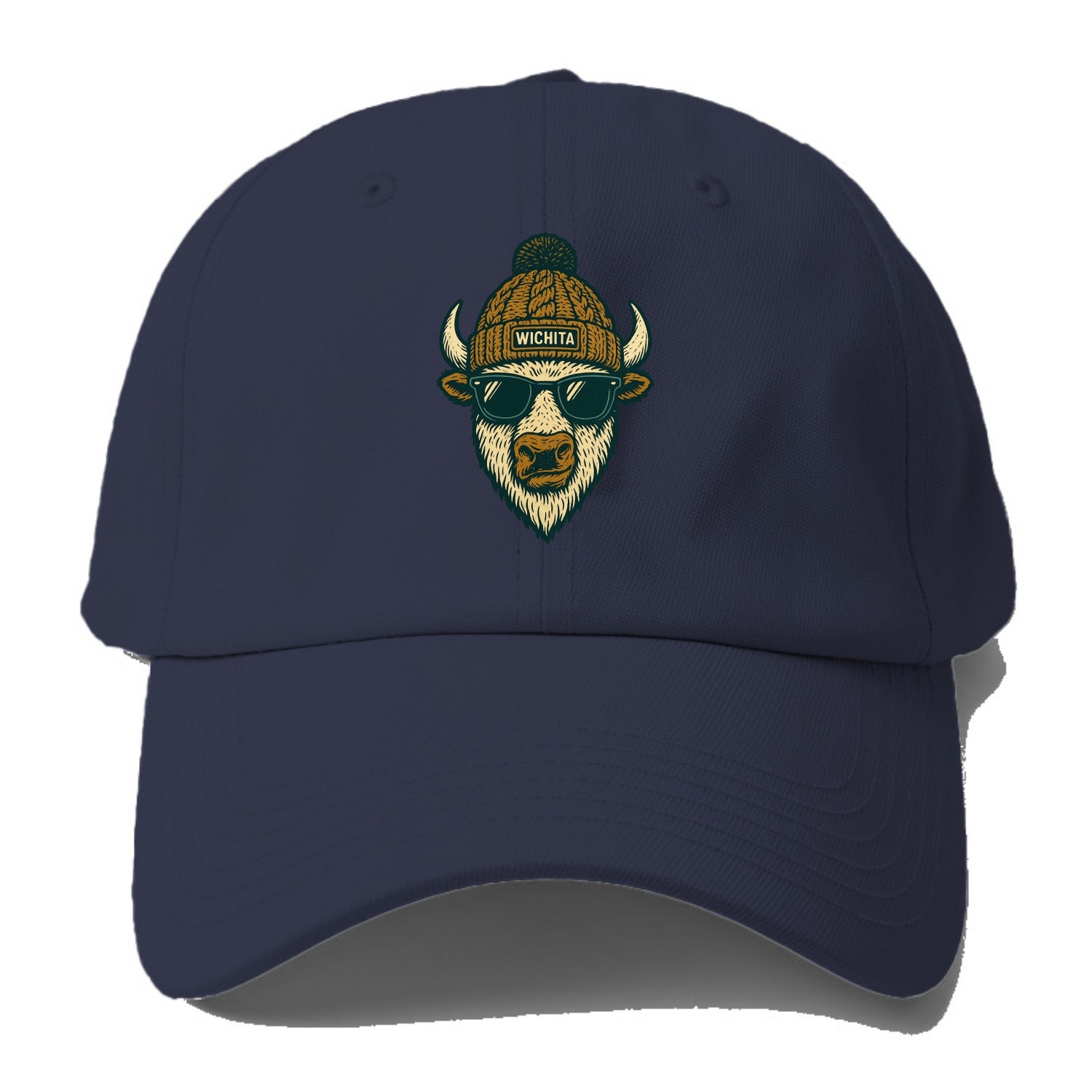 Kansas American Bison wearing Wichita beanie with pom pom and wayfarer - Baseball Cap For Big Heads - Twilight Navy(Blue)
