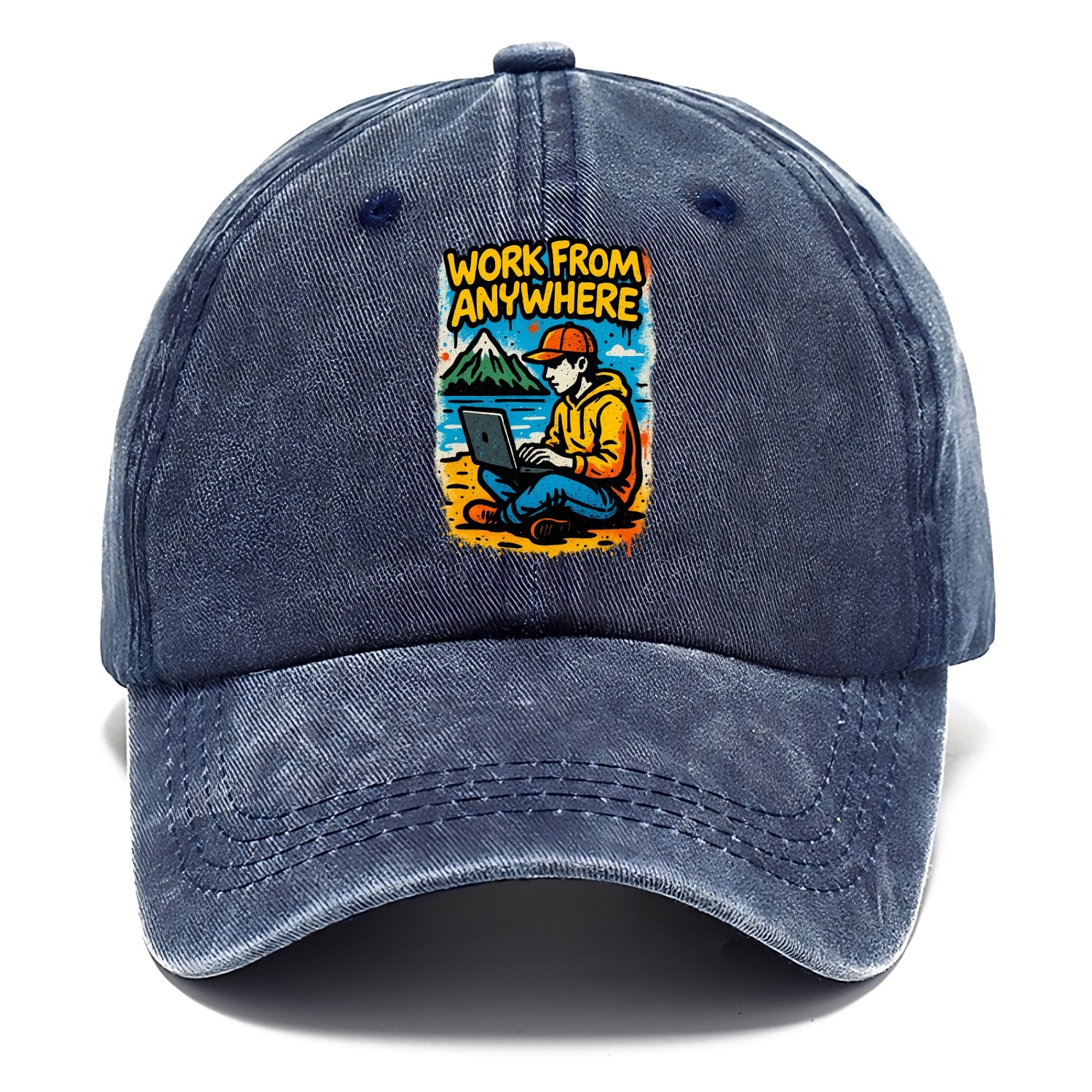 Digital nomad with laptop on beach/mountain - work from anywhere lifestyle, location - Classic Cap - Twilight Navy(Blue)