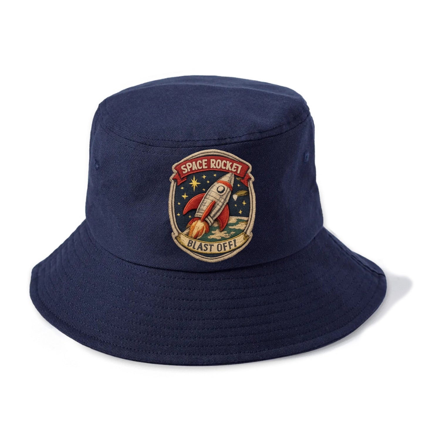 RETRO ROCKET - 1950s space rocket in silver and red , atomic age - Bucket Hat - Twilight Navy(Blue)