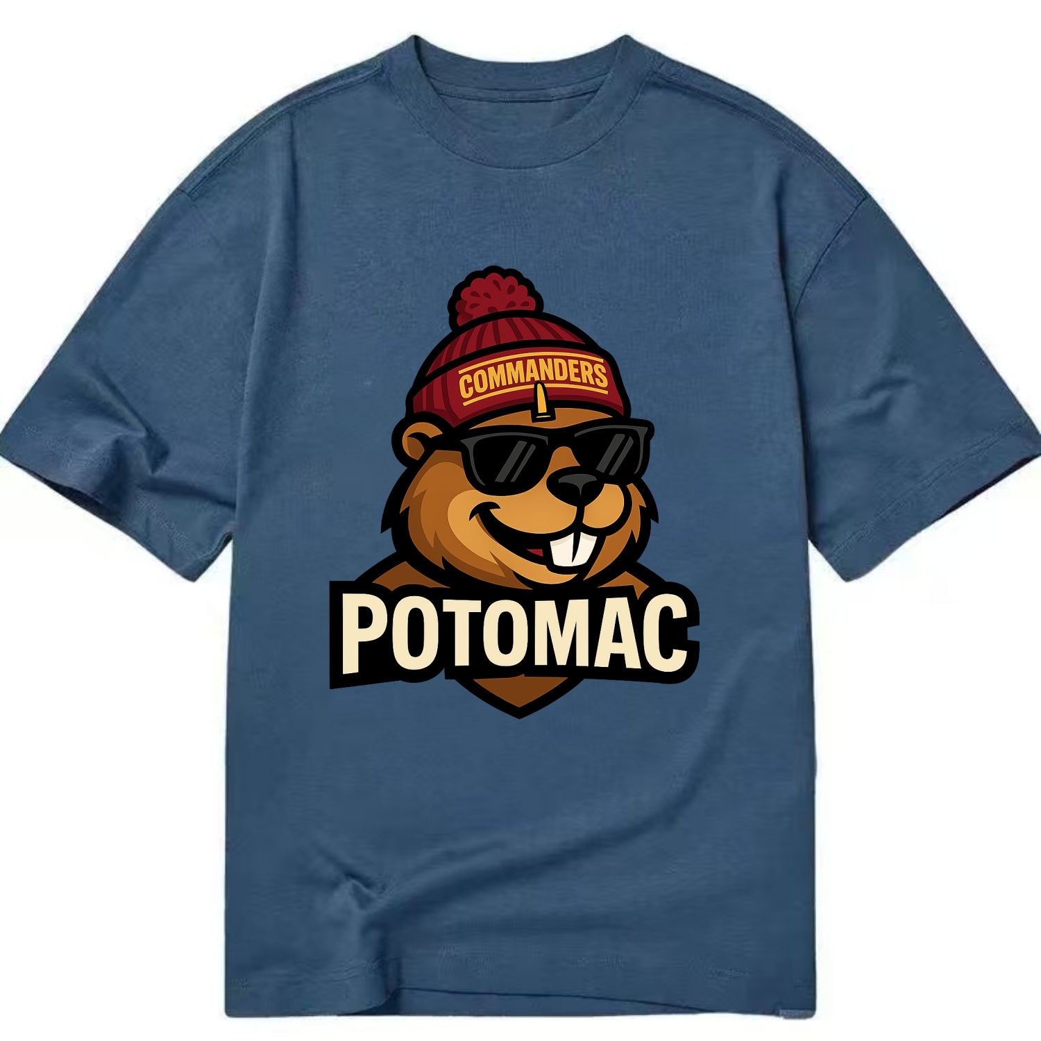 Potomac Beaver wearing Commanders beanie with monument patch and wayfarer - Classic T-shirt - Twilight Navy(Blue)