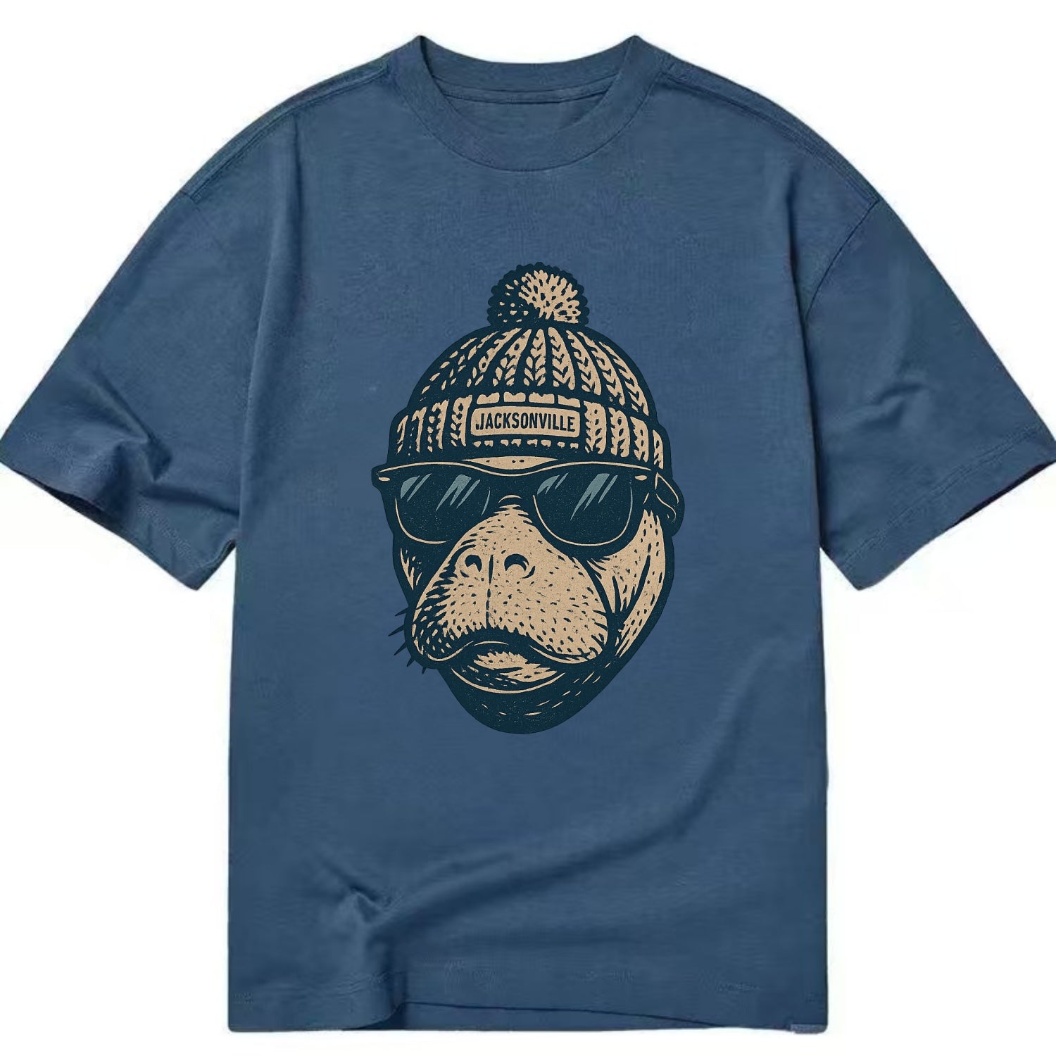 Jacksonville Manatee wearing Jacksonville beanie with pom pom and wayfarer - Classic T-shirt - Twilight Navy(Blue)