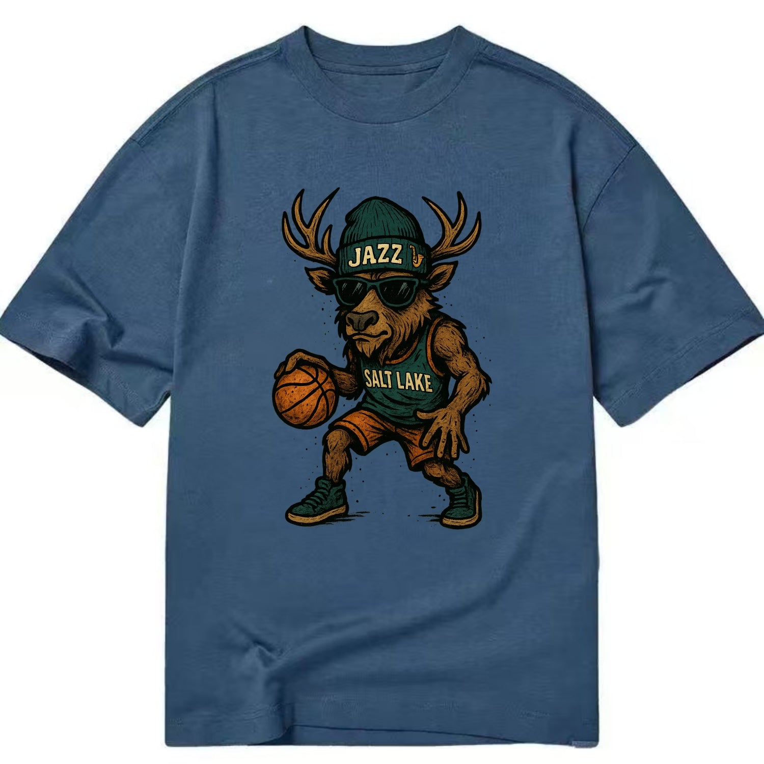 Salt Lake Elk wearing Jazz beanie with saxophone patch and wayfarer sunglasses - Classic T-shirt - Twilight Navy(Blue)