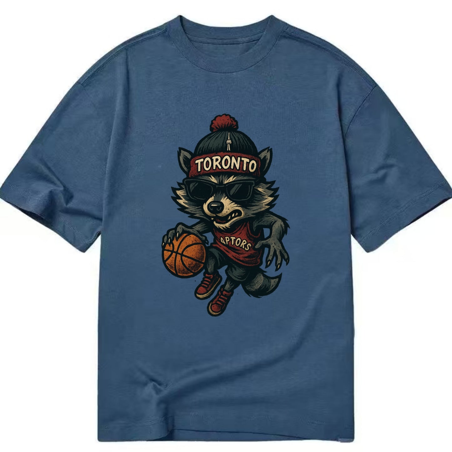 Toronto Raccoon wearing Raptors beanie with CN Tower patch and wayfarer sunglasses - Classic T-shirt - Twilight Navy(Blue)