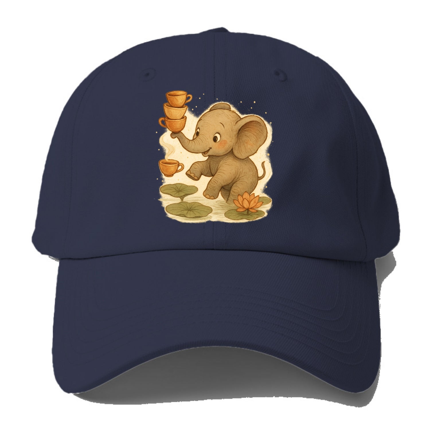Elephant balancing teacups during a floating tea ceremony beside lotus - Baseball Cap For Big Heads - Twilight Navy(Blue)