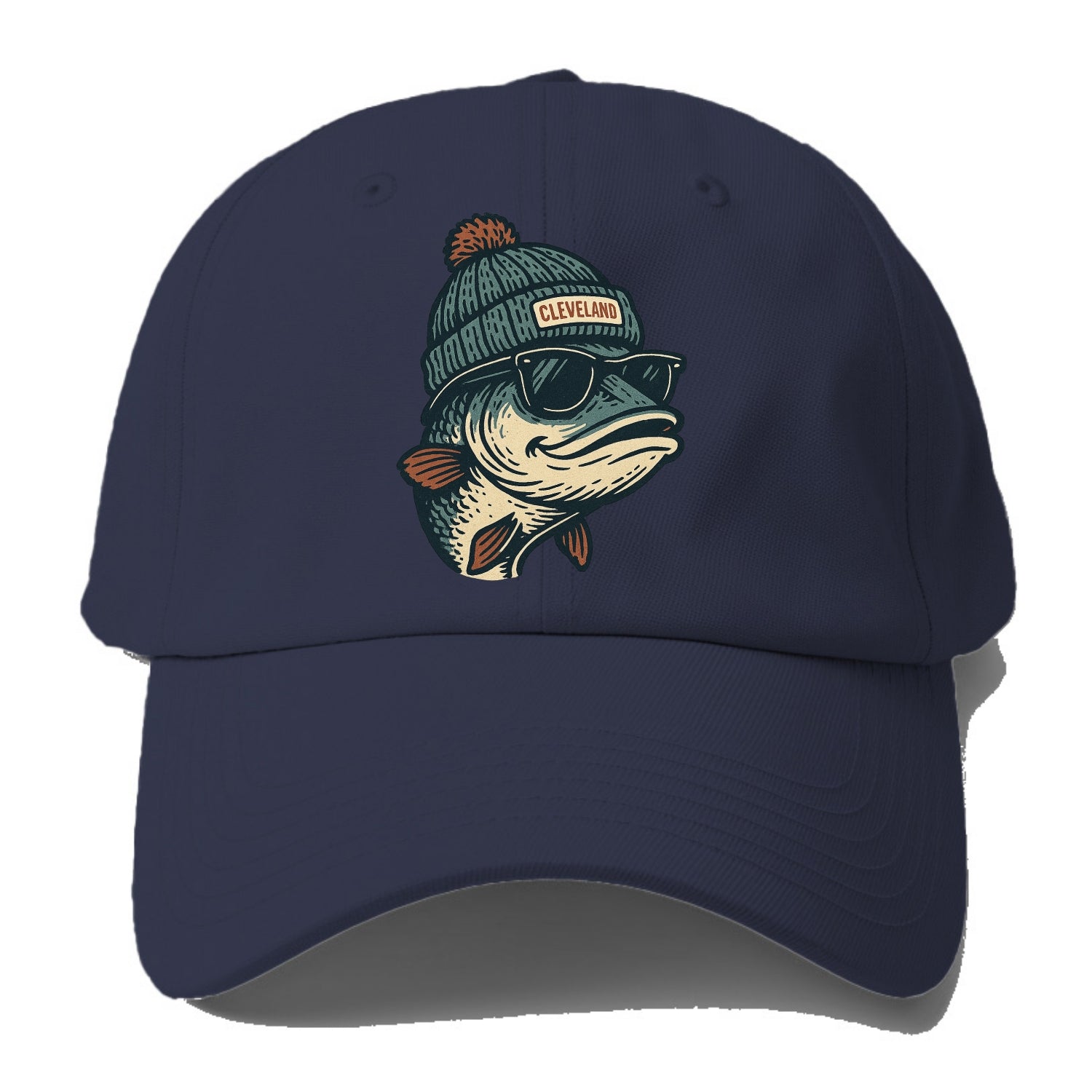 Cleveland Lake Erie Walleye wearing Cleveland beanie with pom pom and - Baseball Cap For Big Heads - Twilight Navy(Blue)