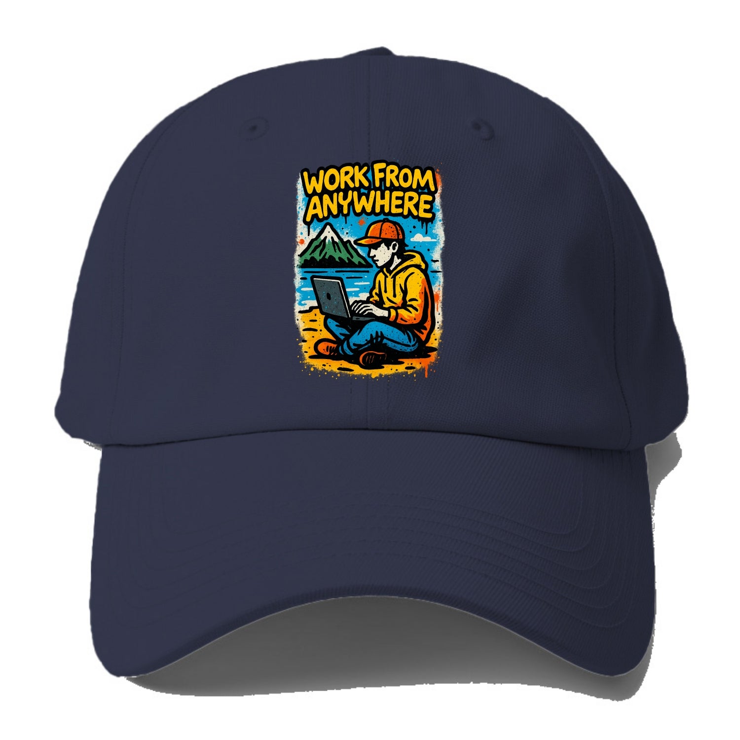 Digital nomad with laptop on beach/mountain - work from anywhere lifestyle, location - Baseball Cap - Twilight Navy(Blue)