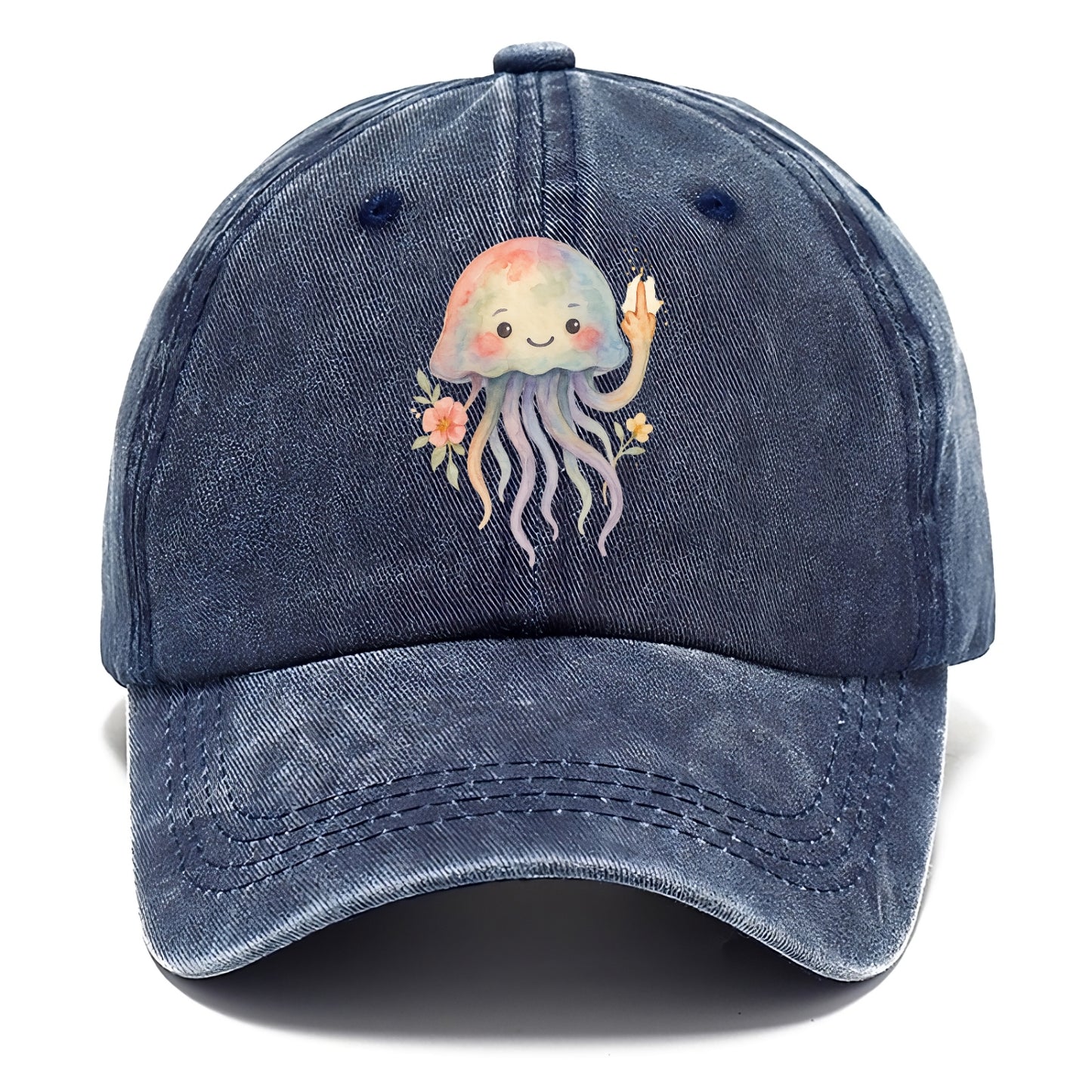 jellyfish with kawaii face and tentacles, one tentacle pointing up defiantly - Classic Cap - Twilight Navy(Blue)