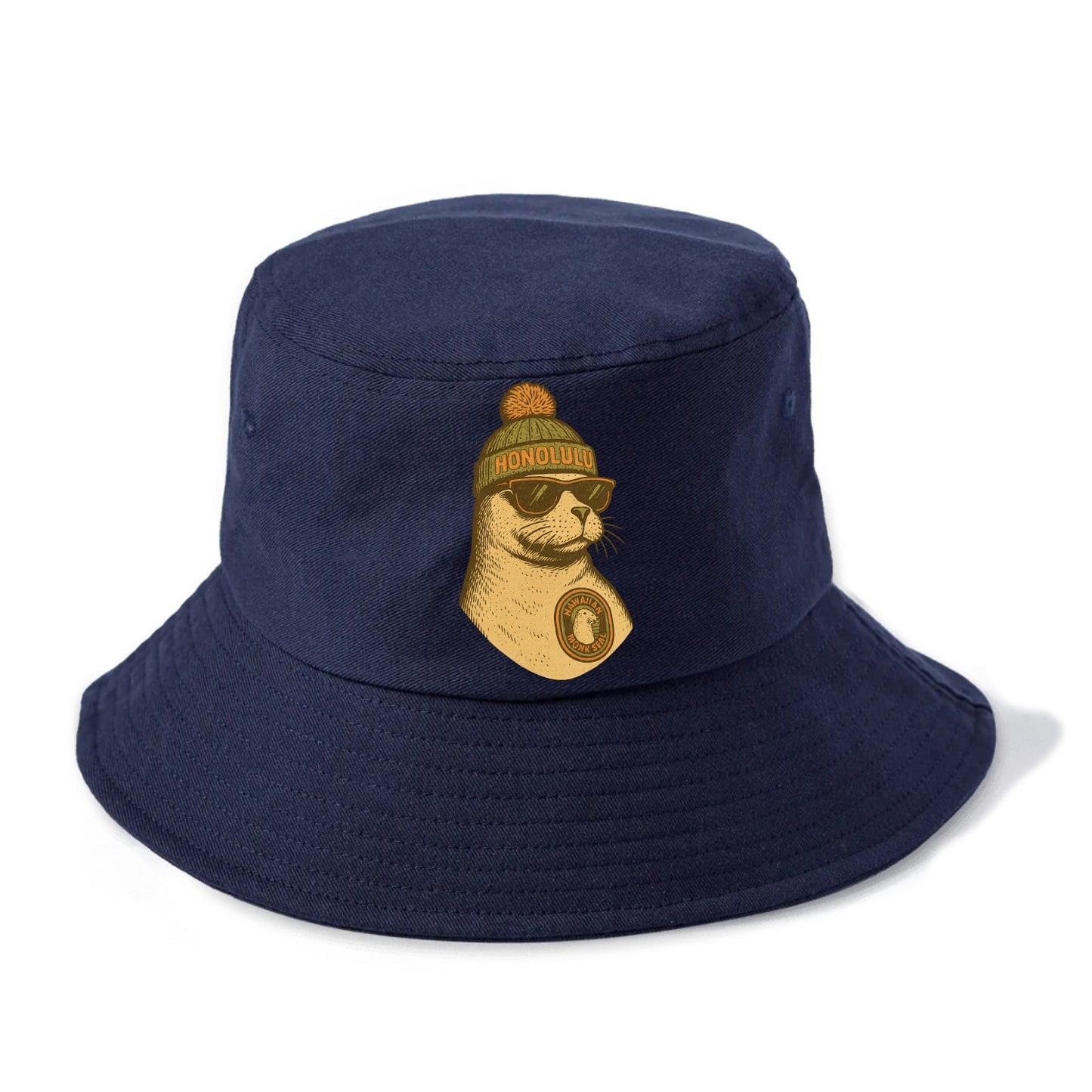 Hawaii Monk Seal wearing Honolulu beanie with pom pom and wayfarer sunglasses - Bucket Hat - Twilight Navy(Blue)
