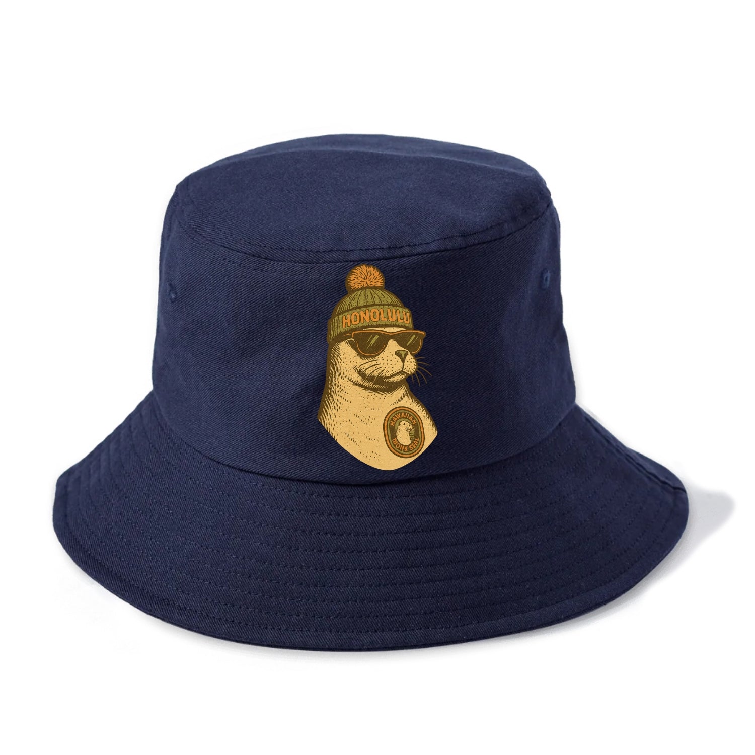Hawaii Monk Seal wearing Honolulu beanie with pom pom and wayfarer sunglasses - Bucket Hat - Twilight Navy(Blue)