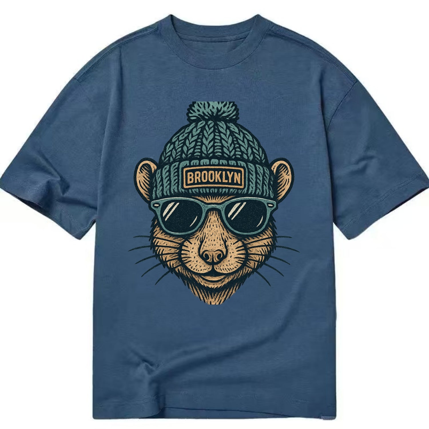 NYC Rat wearing Brooklyn beanie with pom pom and wayfarer sunglasses - Classic T-shirt - Twilight Navy(Blue)